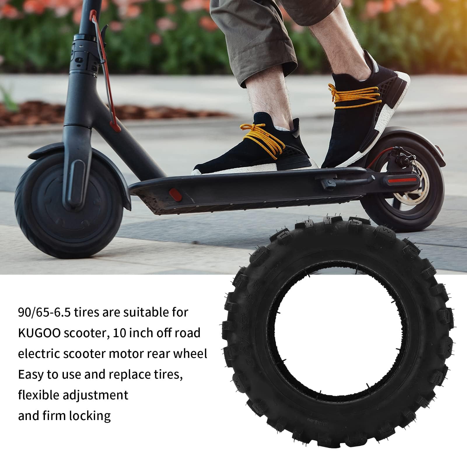 Pneus en Caoutchouc de Scooter électrique de 10 Pouces, 90/65‑6,5 Pneumatique sans Tube sans Route de Pneu de Pneu de la Roue Arrière