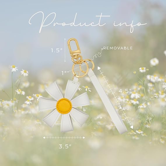 Decorative Daisy Bag Charm Keychain, White and Yellow, Gold-Tone Hardware