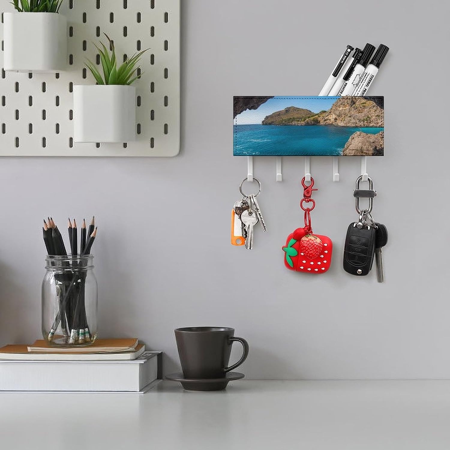 Key Holder Wall Mount Key Hanger with 5 Hooks, Decorative Key Rack | Arch in Mallorca Spain Hanging Key Hooks with Mail Organizer for Wall Living Room Kitchen Bathroom Hallway