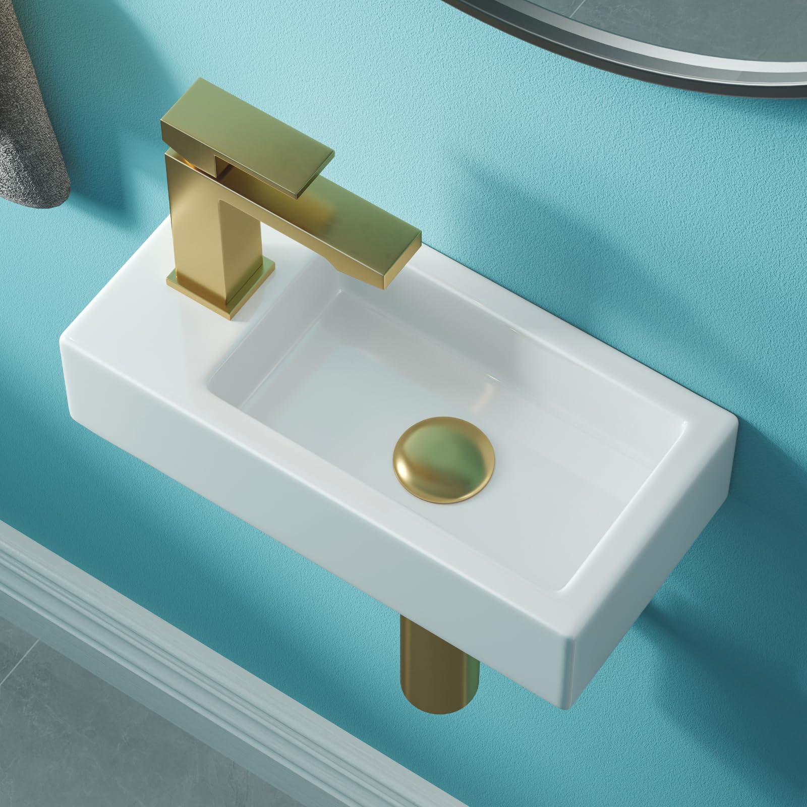 Lavabo piccolo, lavabo per ospiti, bagno, mini lavabo in ceramica, foro per rubinetto sinistro, bianco, 37 x 18,5 x 9 cm