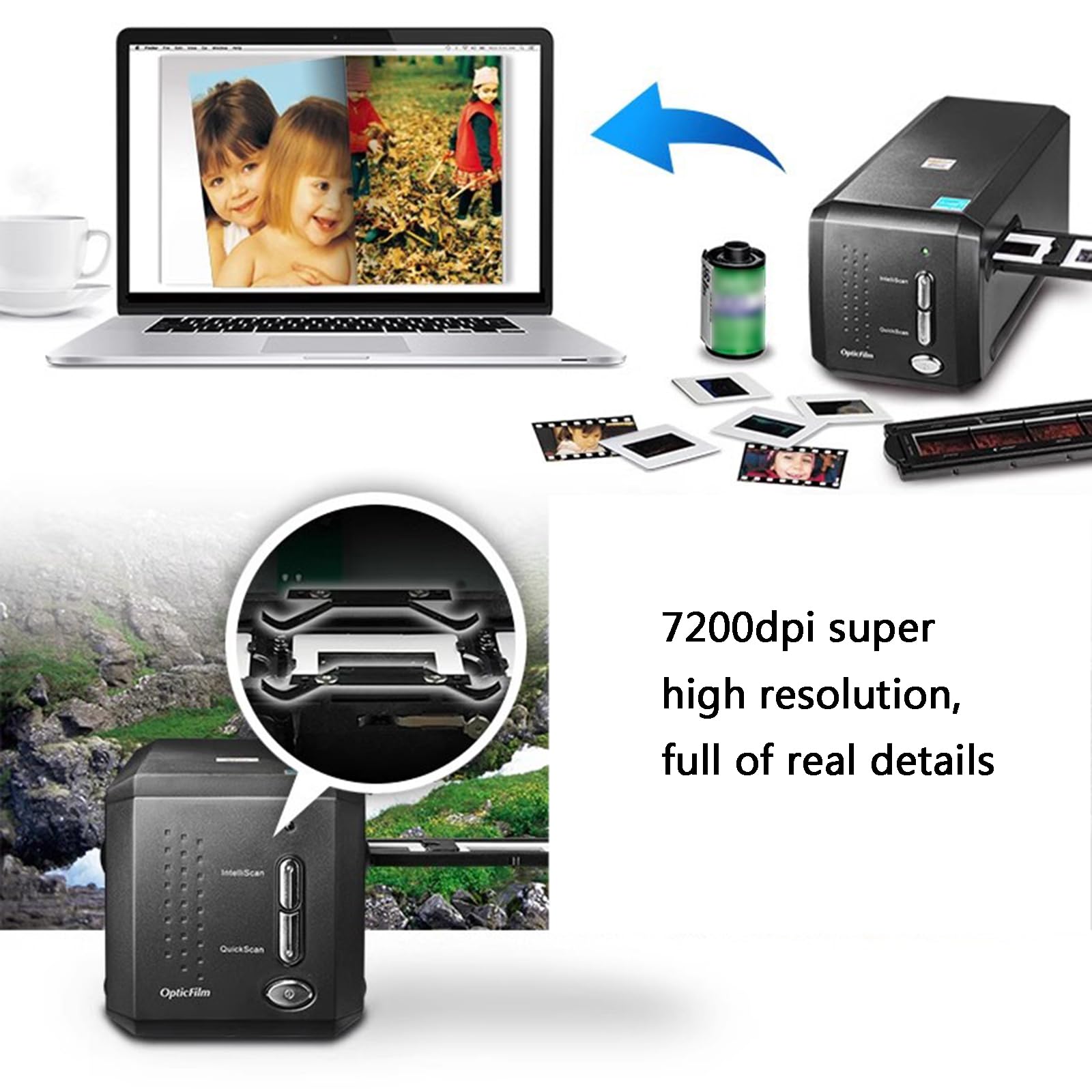 Scanner per Pellicole Digitali, Scanner Automatico per Diapositive Negative, con 7200 DPI E Output a 48 Bit, Vassoio di Alimentazione, Conversione in Batch Diapositive da 35 Mm