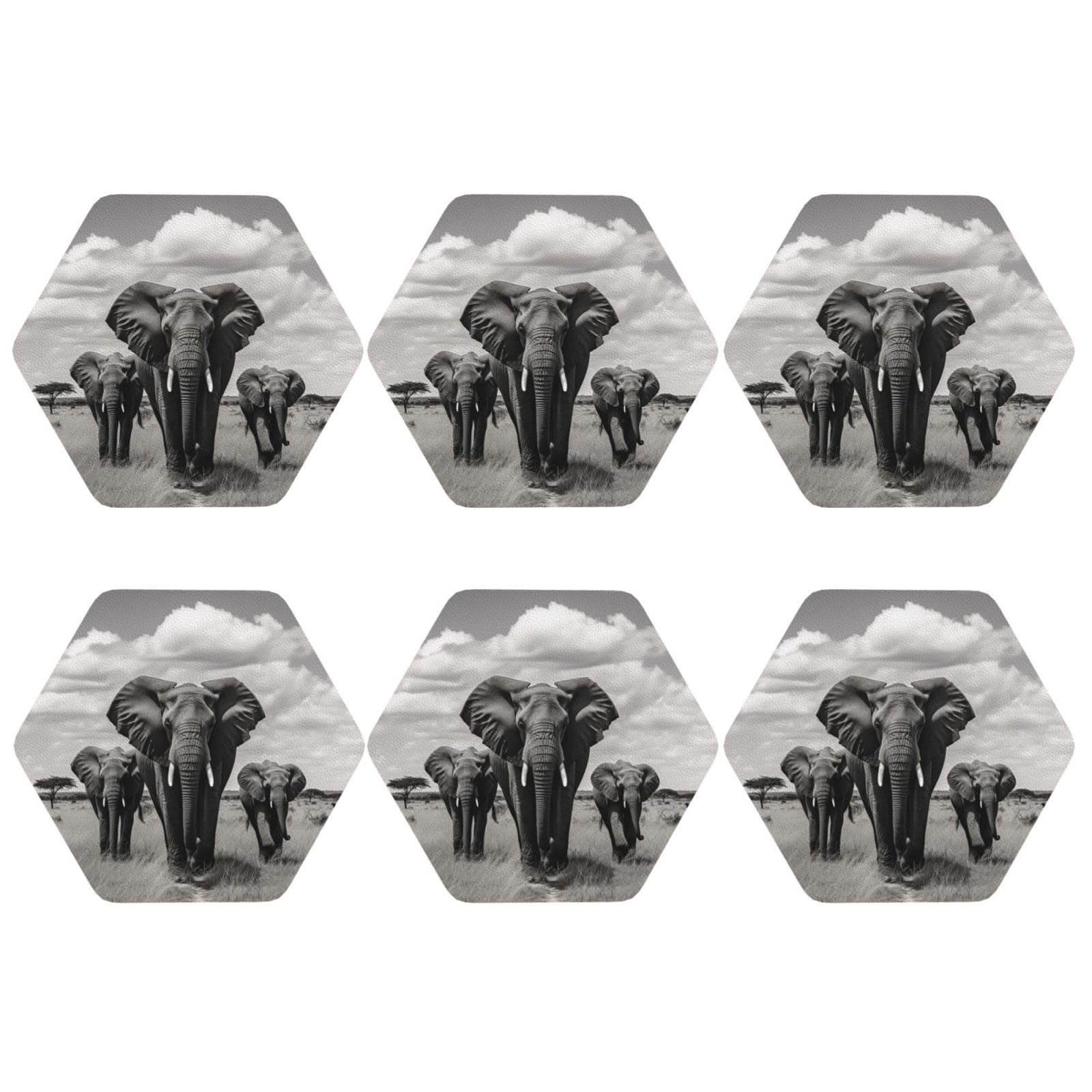 Coasters Set of 6 Waterproof Non-Slip Leather Drink Coasters Round Mug Mat Elephant Walking Coasters for Drinks Tabletop Protection Cup Pad for Coffee Table Bar Home Decor