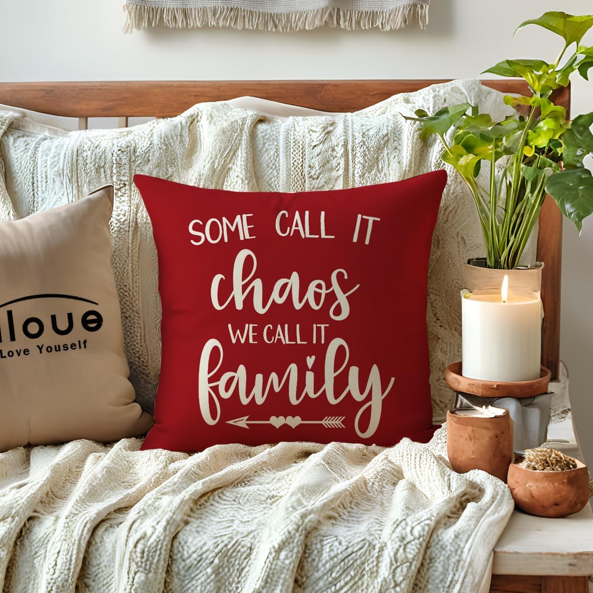 ULOVE LOVE YOURSELF Home Quotes Throw Pillow Covers Farmhouse Decorative Cushion Cover 18 x 18 Inch Rustic Family Words Country Decor Pillowcases Set of 4 for Sofa Couch Porch (Red) - Image 2