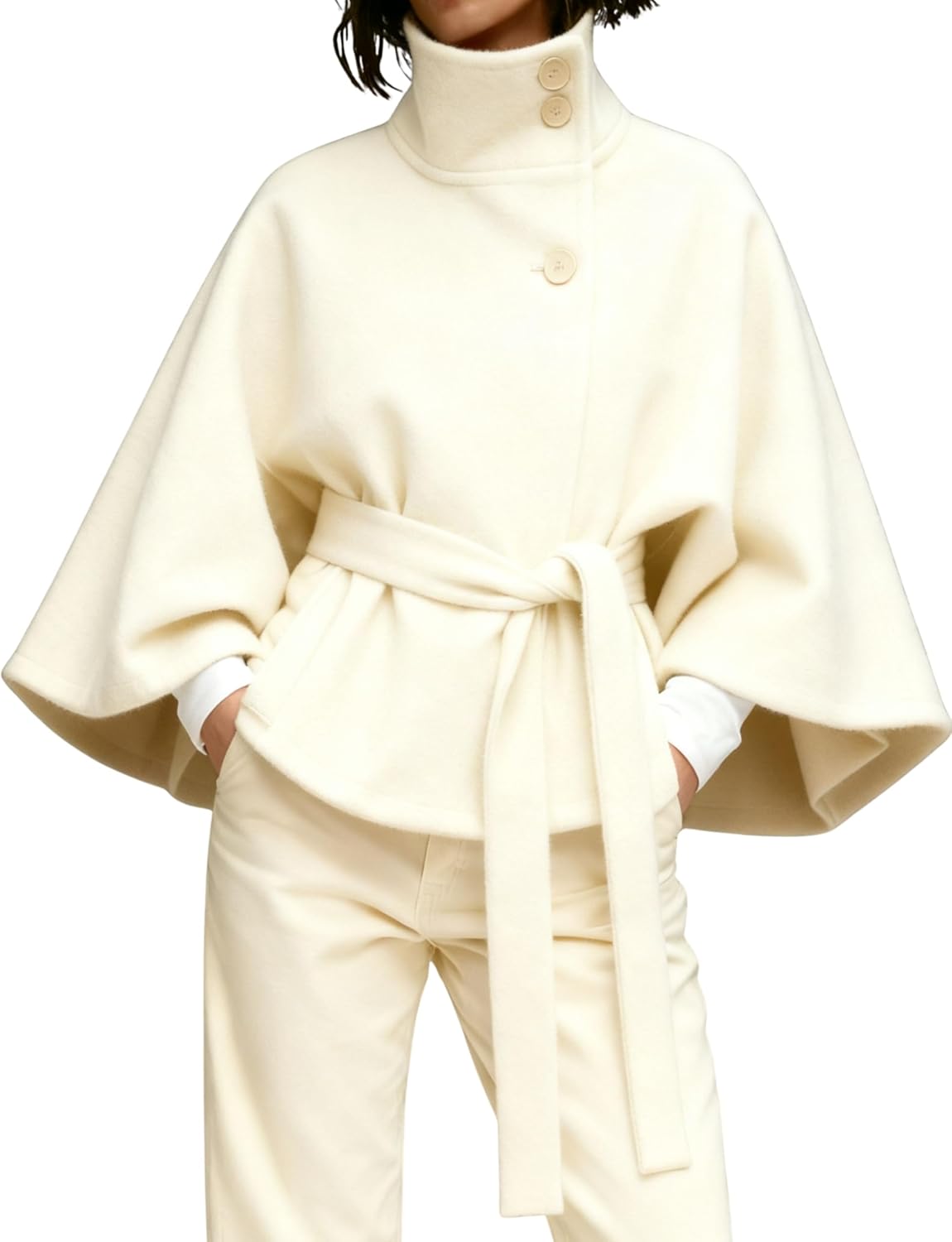 Hooever Women Batwing Sleeve Ponchos Pea Coat Wool Bland Stand Collar Jacket Winter Cropped Overcoat