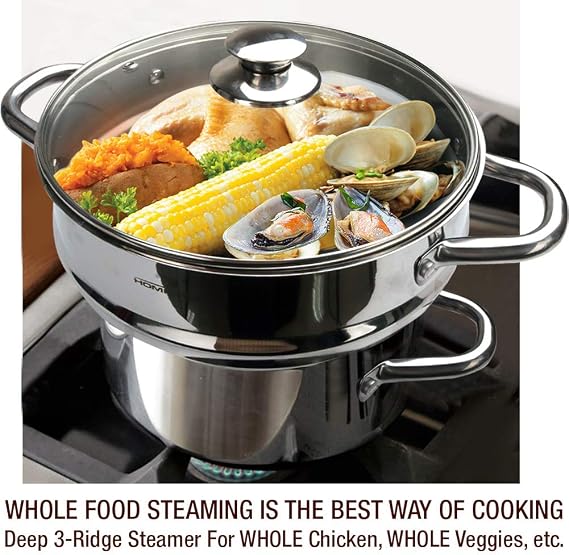 HOMICHEF 3 PCS Whole Food Steamer Set - Nickel Free Stainless Steel Veggie Steam Pot (9.5 Large Vegetable Steamer Insert With Lid, 8 Steam Pot)