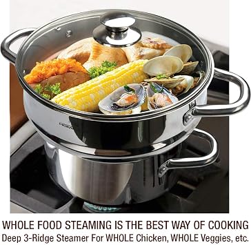 HOMICHEF 3 PCS Whole Food Steamer Set - Nickel Free Stainless Steel Veggie Steam Pot (9.5 Large Vegetable Steamer Insert With Lid, 8 Steam Pot)