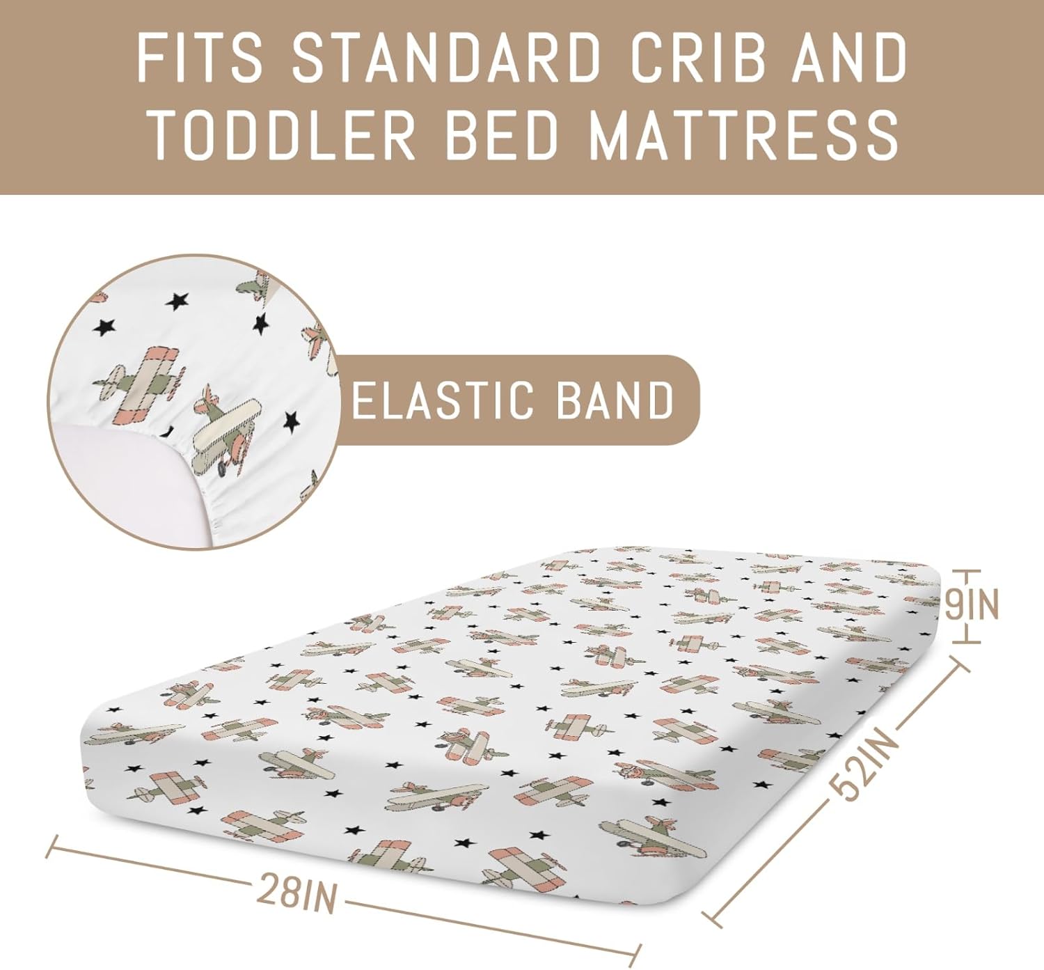 Boy Planes Adventure Neutral Baby Crib Sheets for Boys Airplanes Biplanes Stars Soft Snug Fitted Crib Mattress Covers for 52''x28'' Standard Crib & Toddler Mattress Vintage Models Aircraft Bed Sheets