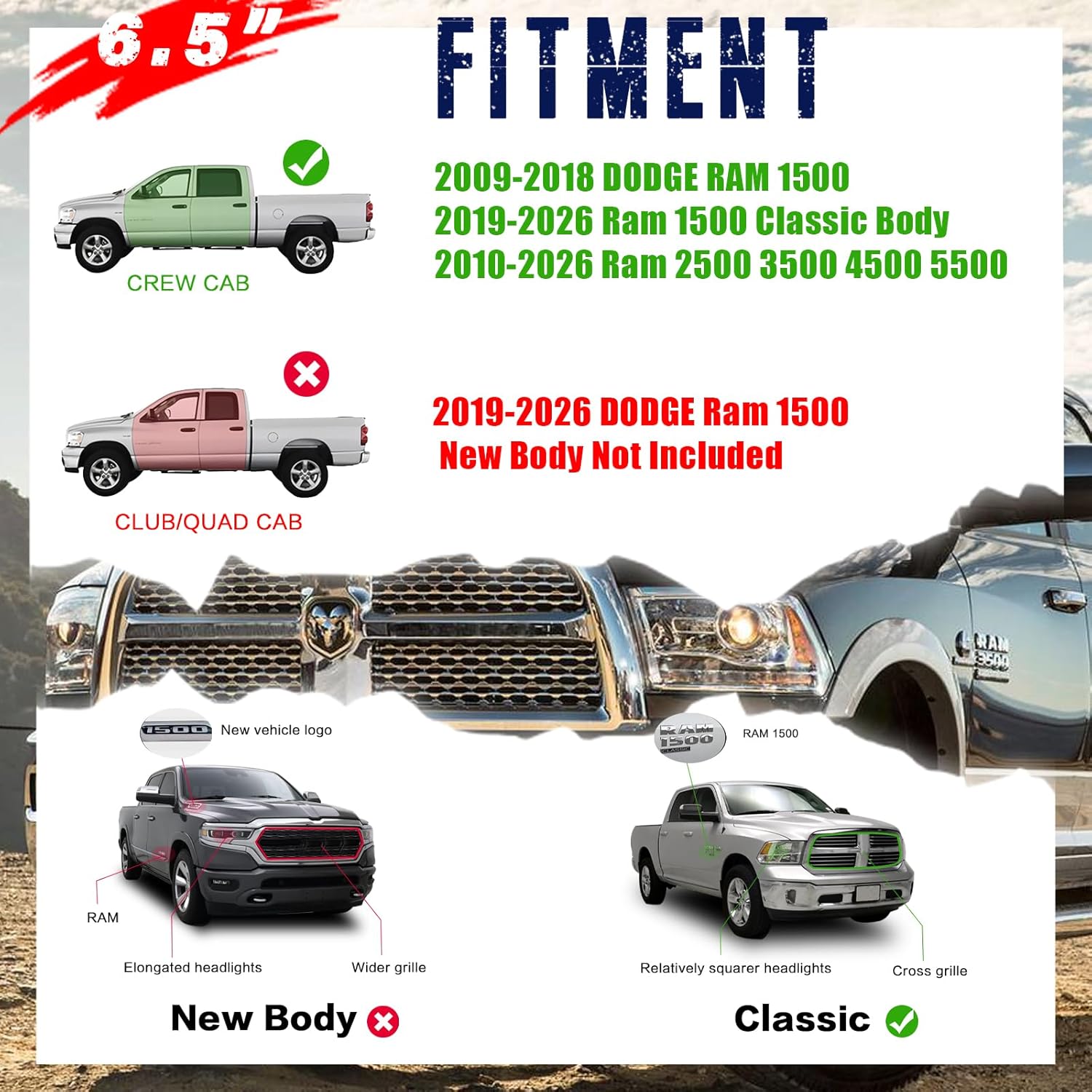 6.5'' Running Boards Side Steps for 2009-2018 Dodge ram 1500 Crew Cab, 2019-2026 Ram 1500 Classic Body Style Crew Cab(NOT for New Body), 2010-2026 Ram 2500 3500 4500 5500 Black Aluminum Alloy