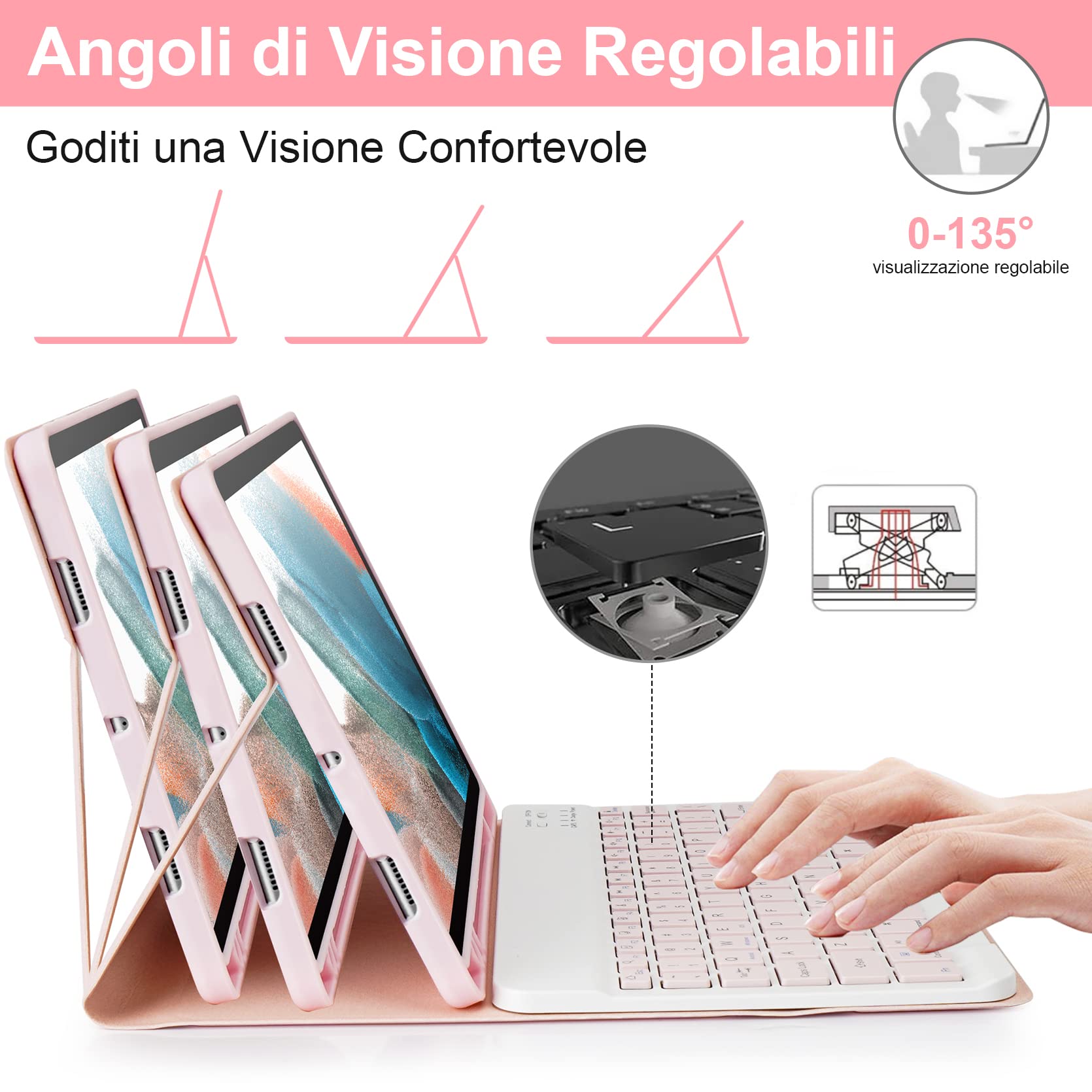 SOPPY Custodia Tastiera Bluetooth per Samsung Galaxy Tab A8 10,5" 2022 (SM-X200/ X205 /X207), Tastiera Italiana, Rimovibile Magneticamente, Porta S Pen, Design Sottile, Rosa