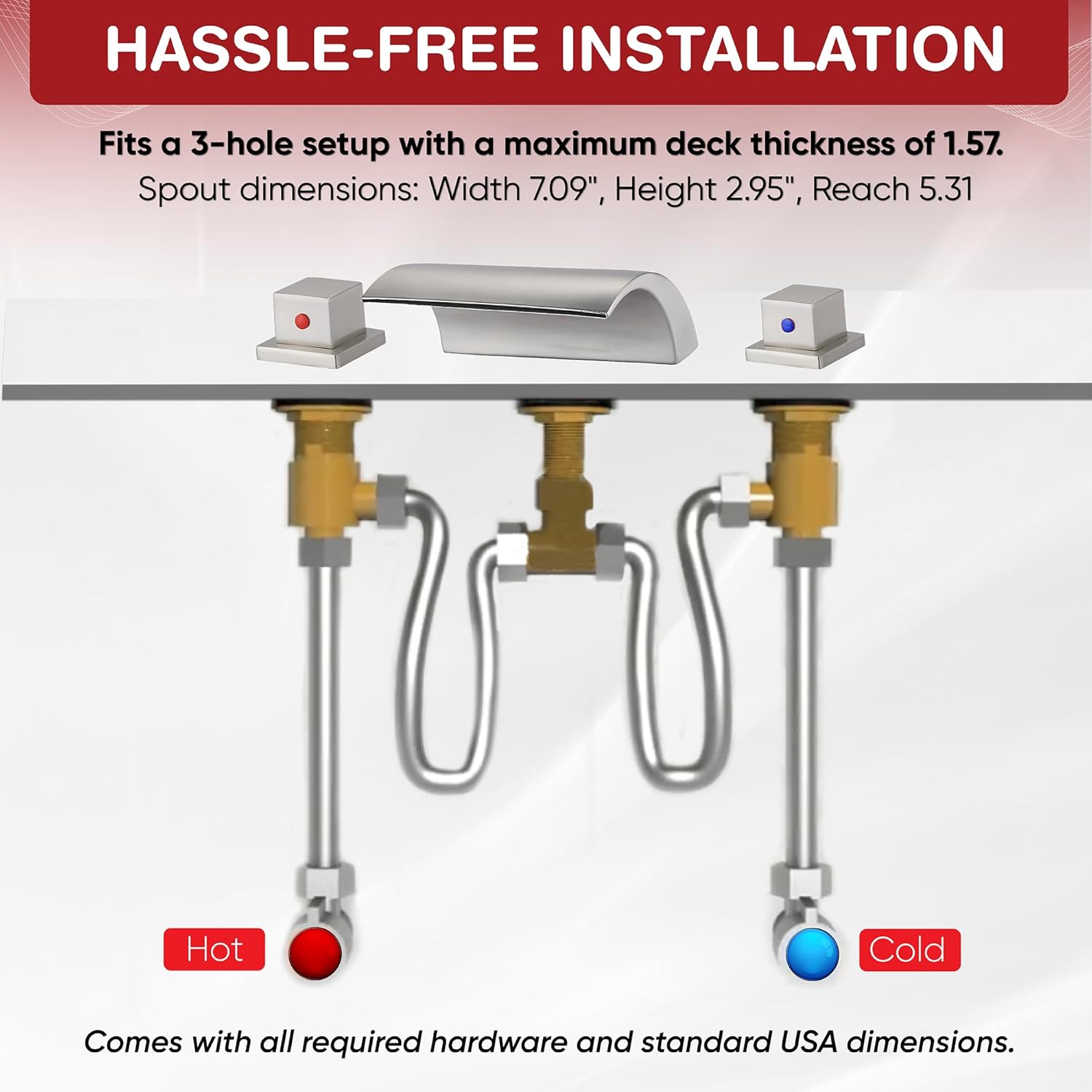 Roman Tub Faucet | Waterfall Tub Filler | Deck Mount Brass Faucet | 3-Hole with 2 Handles | High Flow, Anti-Corrosion, Modern Design