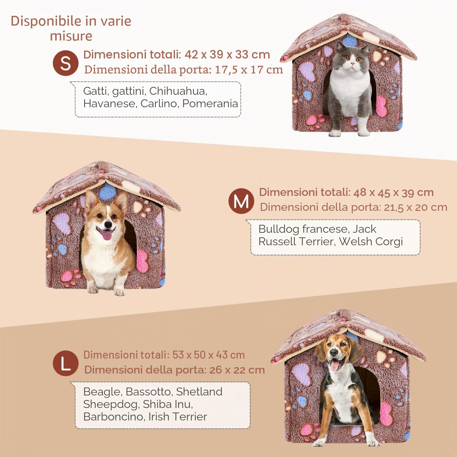 Nobleza Casetta per cani, Cozy Cuccia per Gatti e Cani Tetto asportabile Pieghevole Cuccia Gatto Chiusa Interno con materasso rimovibile 53x50x43cm L, Morbido Caldo e Lavabile Marrone