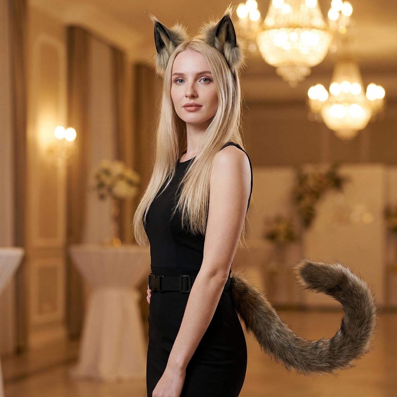 Maine Coon Cat Fox Wolf Ears Costume Anime Set Adjustable Ears Tail For Cosplay Halloween Gathering