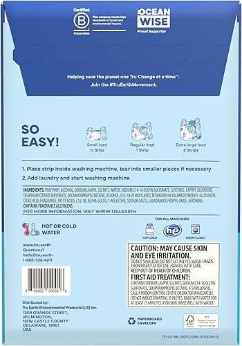 Miniatura 3 de Tru Earth Detergente seco compacto para ropa  hasta 128 cargas (64 hojas)  Sin parabenos  Detergente sin líquido original Eco-Strip, viajes, lino