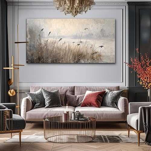 Miniatura 5 de LASMOND Arte de pared vintage de prado para sala de estar, lienzo de junco, impresiones grandes retro rústicas estilo cabañas, paisaje, granja,