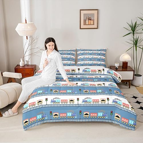 Miniatura 2 de Juego de ropa de cama de automóvil para niños, lindo juego de edredón de tren tamaño Queen, juego de ropa de cama de camiones arcoíris, juego de