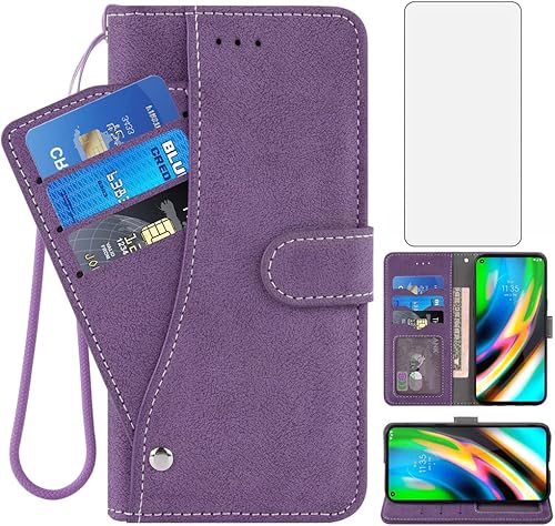 Asuwish Compatible con funda tipo cartera Moto G9 Plus y protector de pantalla de vidrio templado, soporte para tarjetas de crédito, accesorios