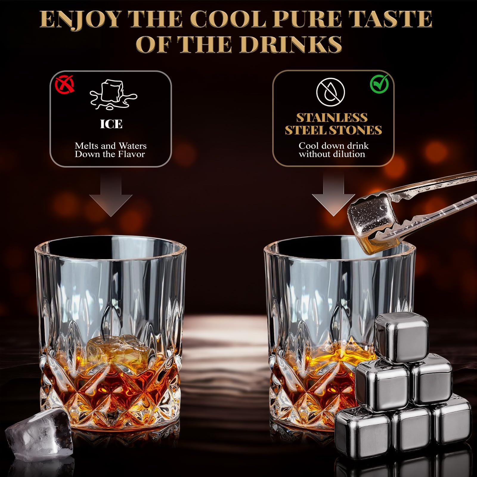 Whiskey Steine Geschenkset mit 6 wiederverwendbaren Kühlsteinen 2 Gläsern und handgefertigter Holzkiste Ideal für Männer Väter Ehemänner Geburtstagsfeier und Liebhaber