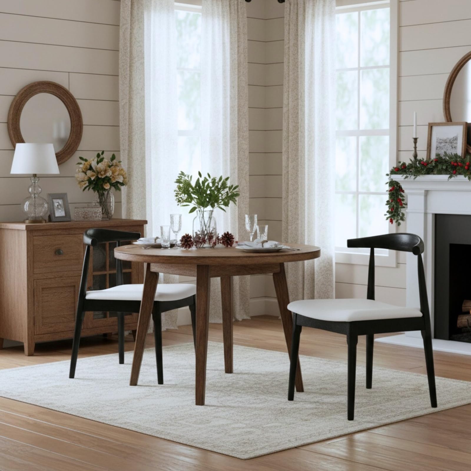 Black Wooden Dining Chairs Set of 2, Modern Upholstered Dining Room Chair with Beige Linen Cushioned Seat, Farmhouse Accent Side Chair for Home Kitchen Office/Black