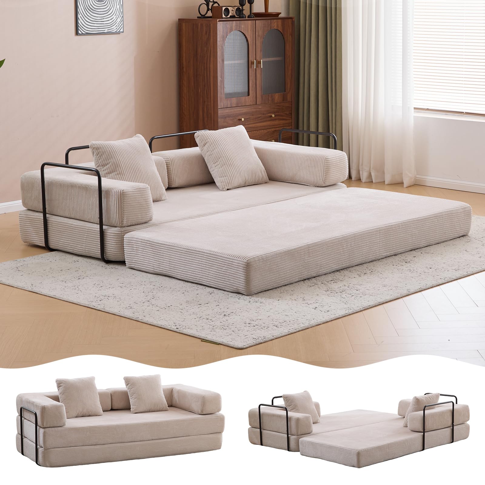 4-in-1 Convertible Folding Sleeper Sofa Bed, Fold Out Floor Sofa Couch with Fixed-Shape Frame, Cloud Corduroy Foldable Mattress Couch for Living Room