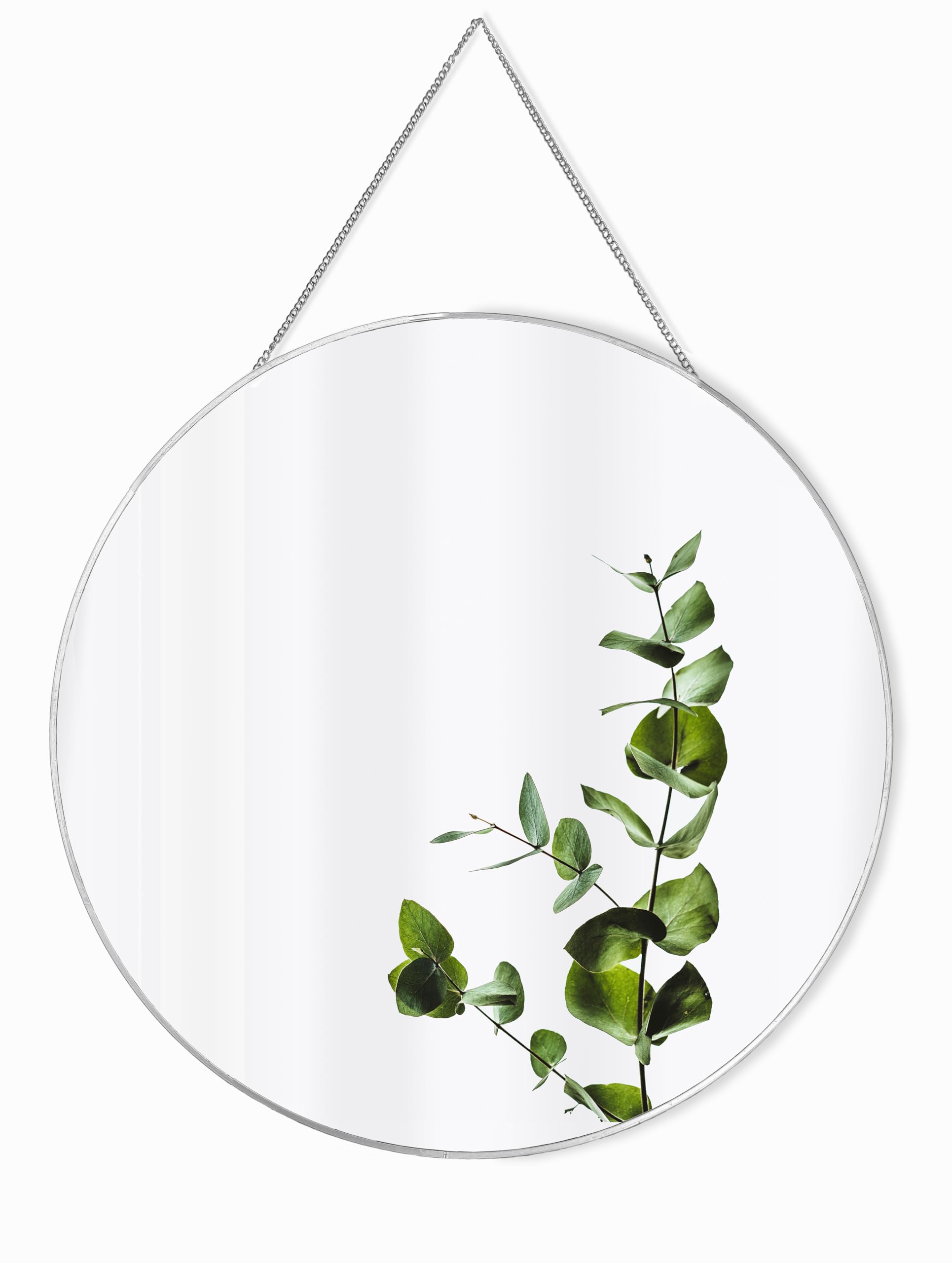 Large Silver Round Metal Rimmed Wall Mirror with Chain (50cm). Perfect for Bathroom, Bedroom Hallway and Living Room Contemporary Vintage.