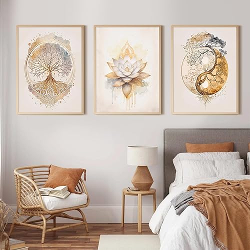 Miniatura 4 de Lhoiplme Arte de pared de árbol de la vida, lienzo de loto zen, decoración de pared para sala de yoga, pintura de arte espiritual de Yin Yang,