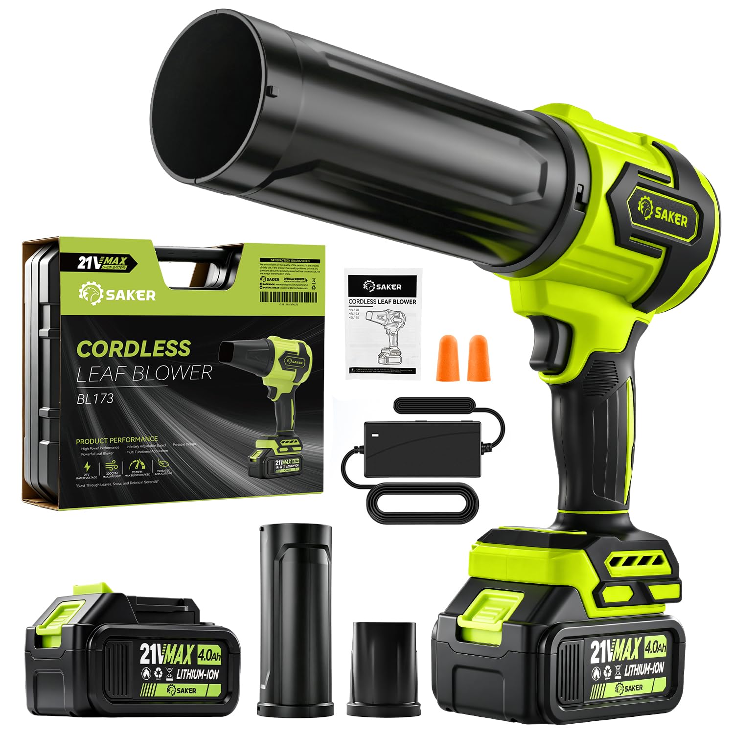 Saker Cordless Leaf Blower Portable Dust Cleaner with 2 Extended Nozzle Handheld Blower with Adjustable Speed for Lawn Care Drying Patio Cleaning 2 Batteries Green with Case