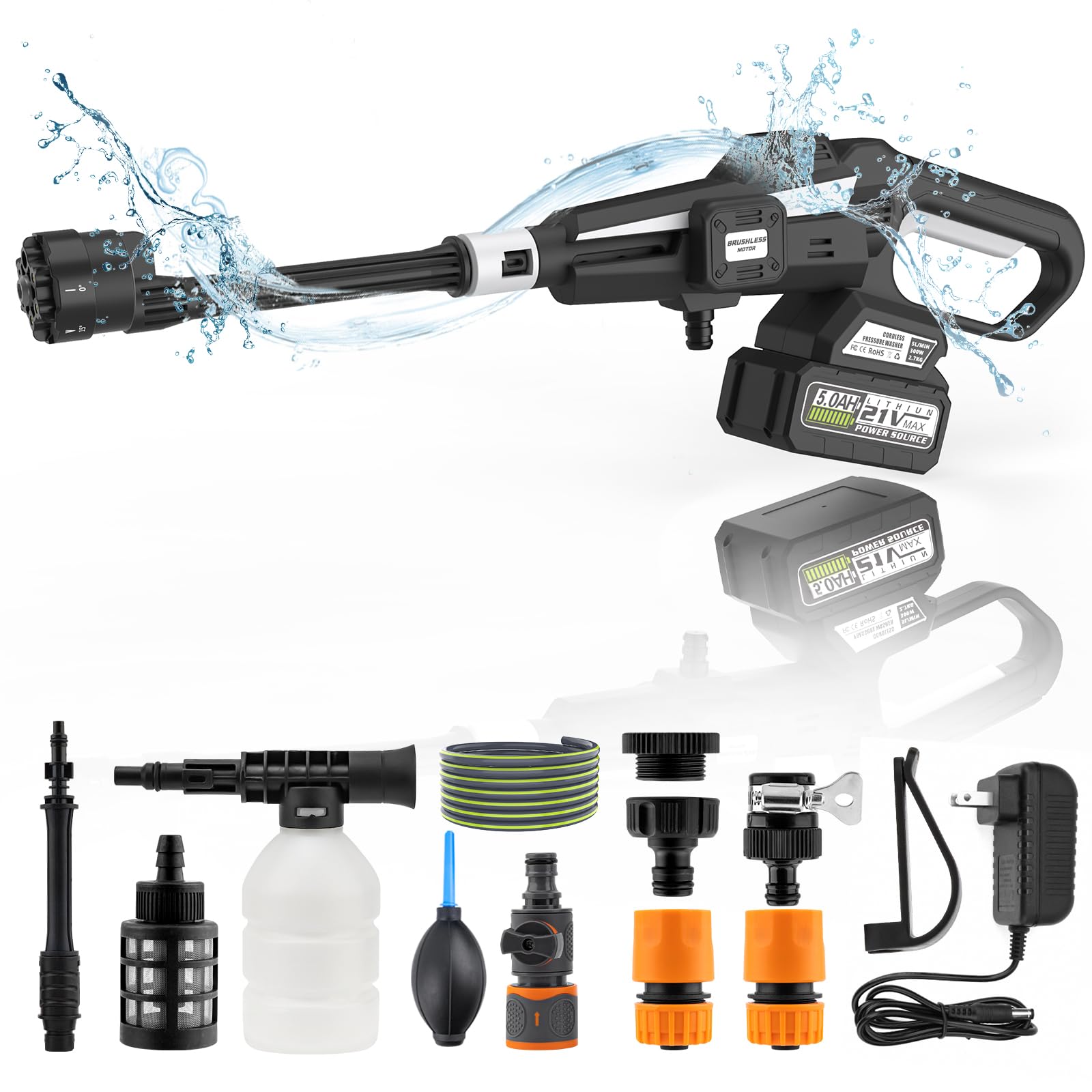 HZG Cordless Pressure Washer, 970PSI Brushless Portable Pressure Washer with 3 Adjustable Levels, Faucet Adapter, 5.0Ah Battery Operated Pressure Washer for Car, Bike, Boat, Fence Cleaning, Black