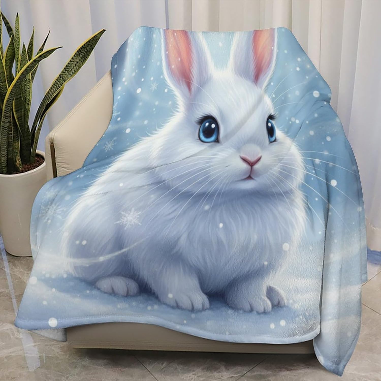 Winter Snow Cute Rabbit Bunny Throw Blanket Lightweight Flannel Fleece Blankets Warm and Cozy Throws for Winter Bedding and Couch 50"X60" Inches for Adults