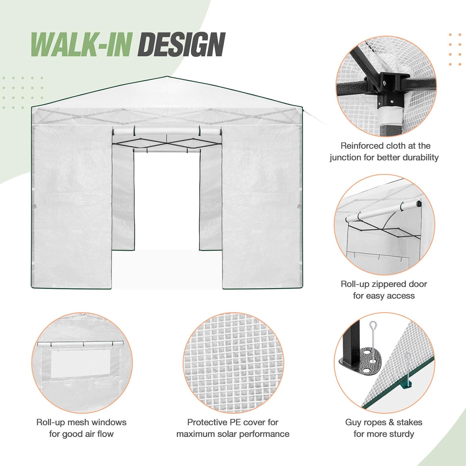 EAGLE PEAK 10x10 Portable Walk-in Greenhouse Instant Pop-up Easy Setup Indoor Outdoor Plant Gardening Green House, Front and Rear Roll-Up Zipper Entry Doors and 2 Large Roll-Up Side Windows, White