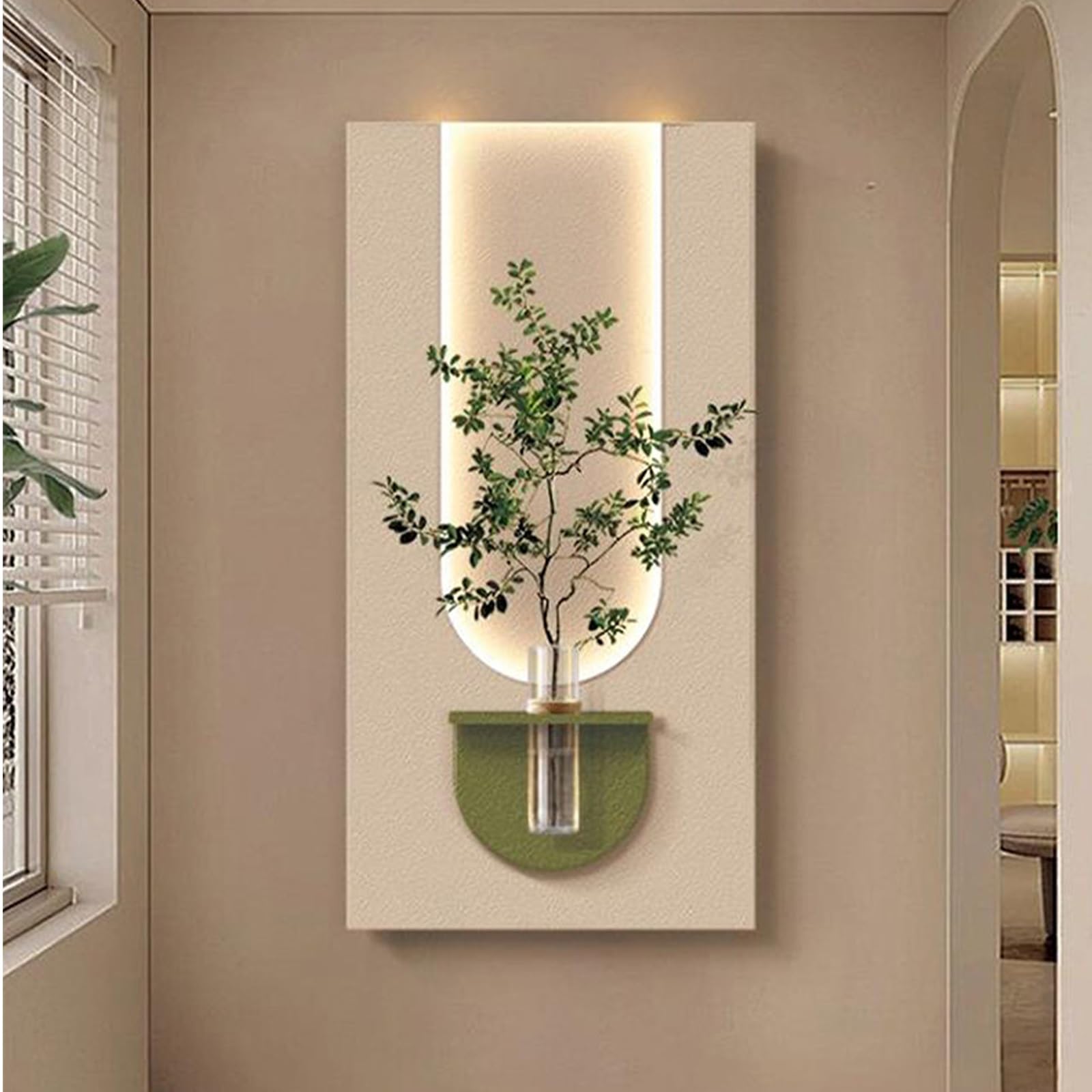 PGZMDTWI 3D Sandstone Textured LED Glass Vase Green Plant Sculpture,Modern Living Room Entryway Home Wall Decor(C,70 * 140CM .6 * 55.2IN)