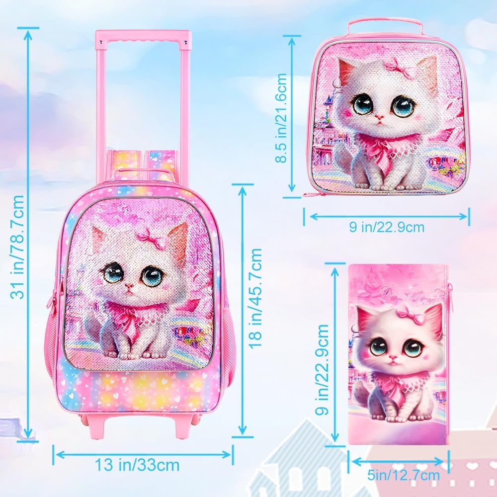 WZLVO 4PCS Rolling Backpack for Girls, Kids Cat Roller Backpacks with Wheels for Kids, Wheeled Bookbag Set for Toddler Elementary School