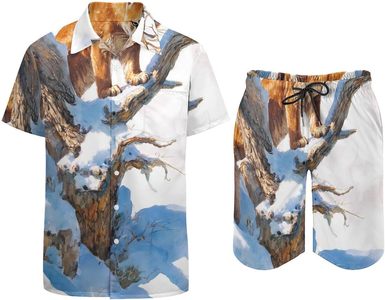 Mountains Snowy Lions Branches Men's Summer Beach 2 Piece Outfits | hawaiian button down shirt and shorts,vacation cruise,mens bathing suit