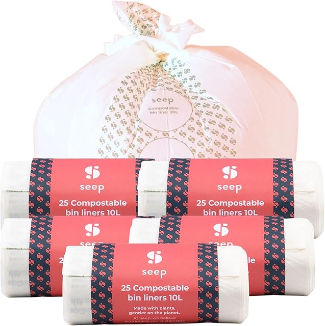 SEEP Compostable 10 Litre Bin Bags - 10L Eco Friendly Bin Liners - Food Waste Caddy Liners - Biodegradable Waste Paper Bin Liners Clear - 125 Bags | 5 x Rolls