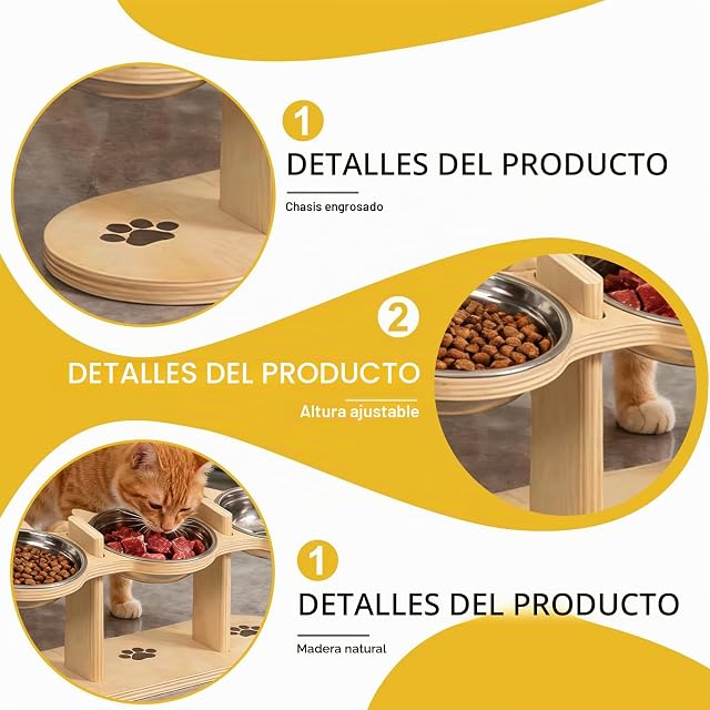Foto 4 de 7 de Comedero elevado, comedero para gatos, 3 cuencos de acero inoxidable con soporte de madera