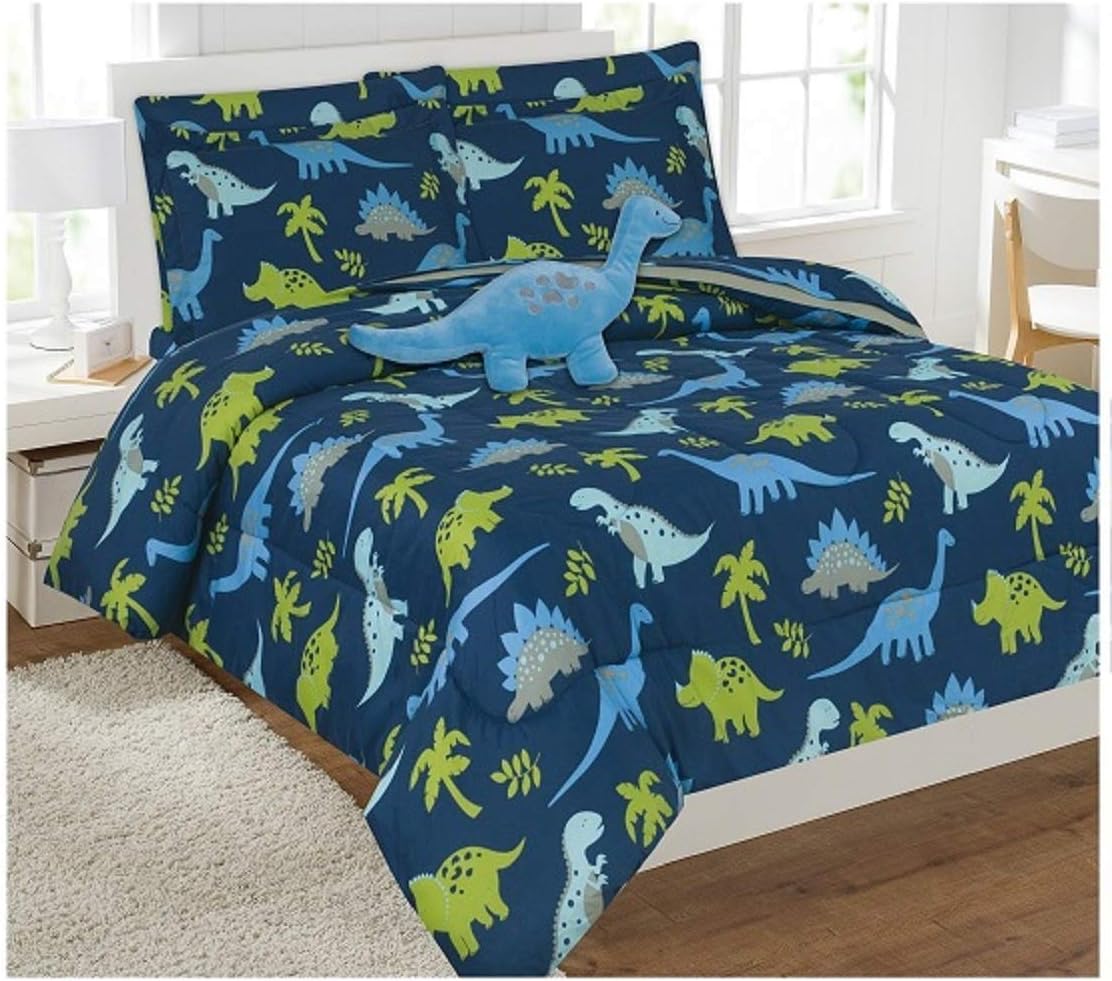Rooney Ultra Soft Microfiber Boys & Girls Bed in a Bag Comforter Bedding Set (Blue Dinosaur, 8 Piece Full Size)