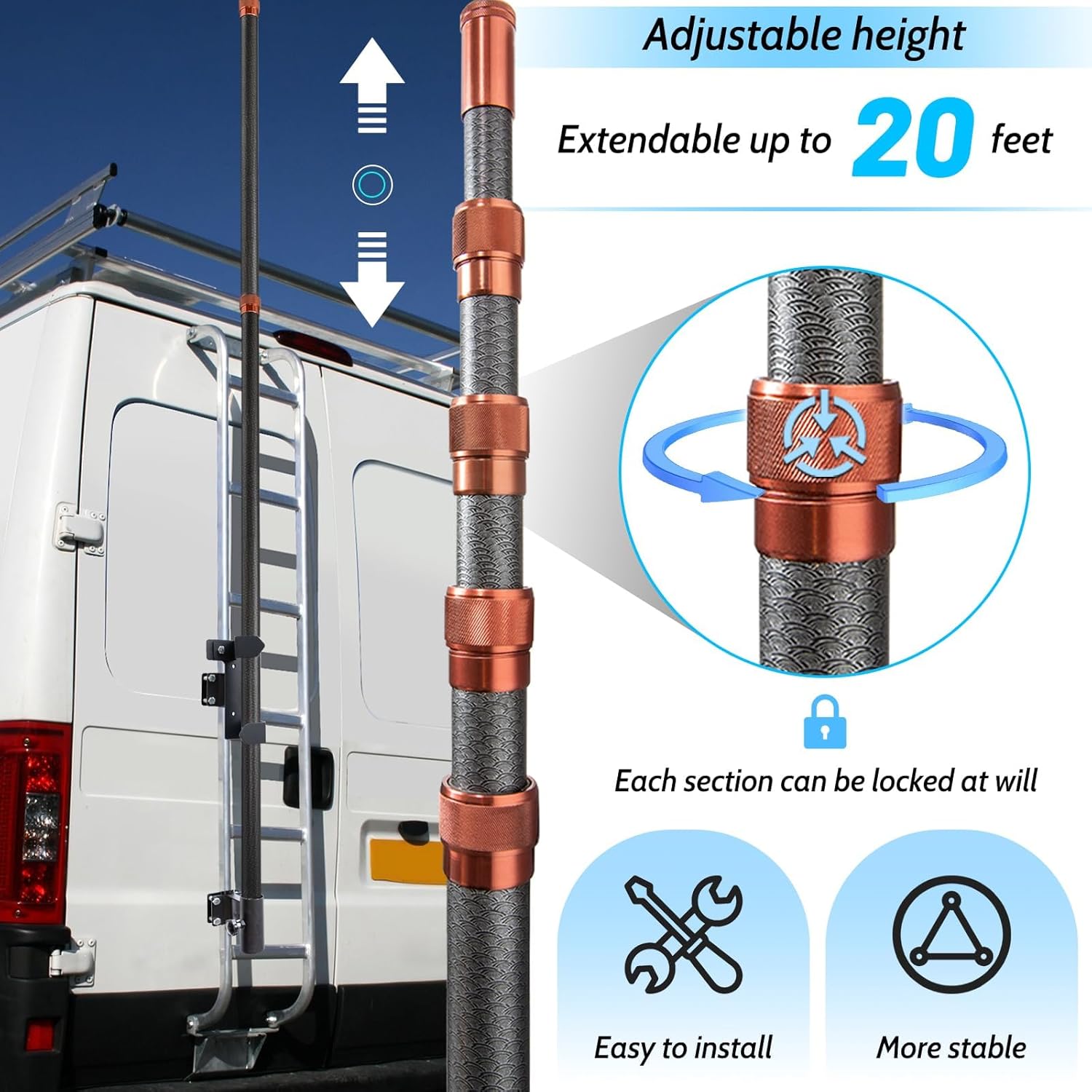 RV Ladder Flag Pole Kit, Telescoping RV Ladder Mount, Carbon Fiber Tailgate Flag Pole with Holder - 20ft Adjustable, Metal Hook, Suitable for Tailgate Parties, Camping and Outdoor Activities