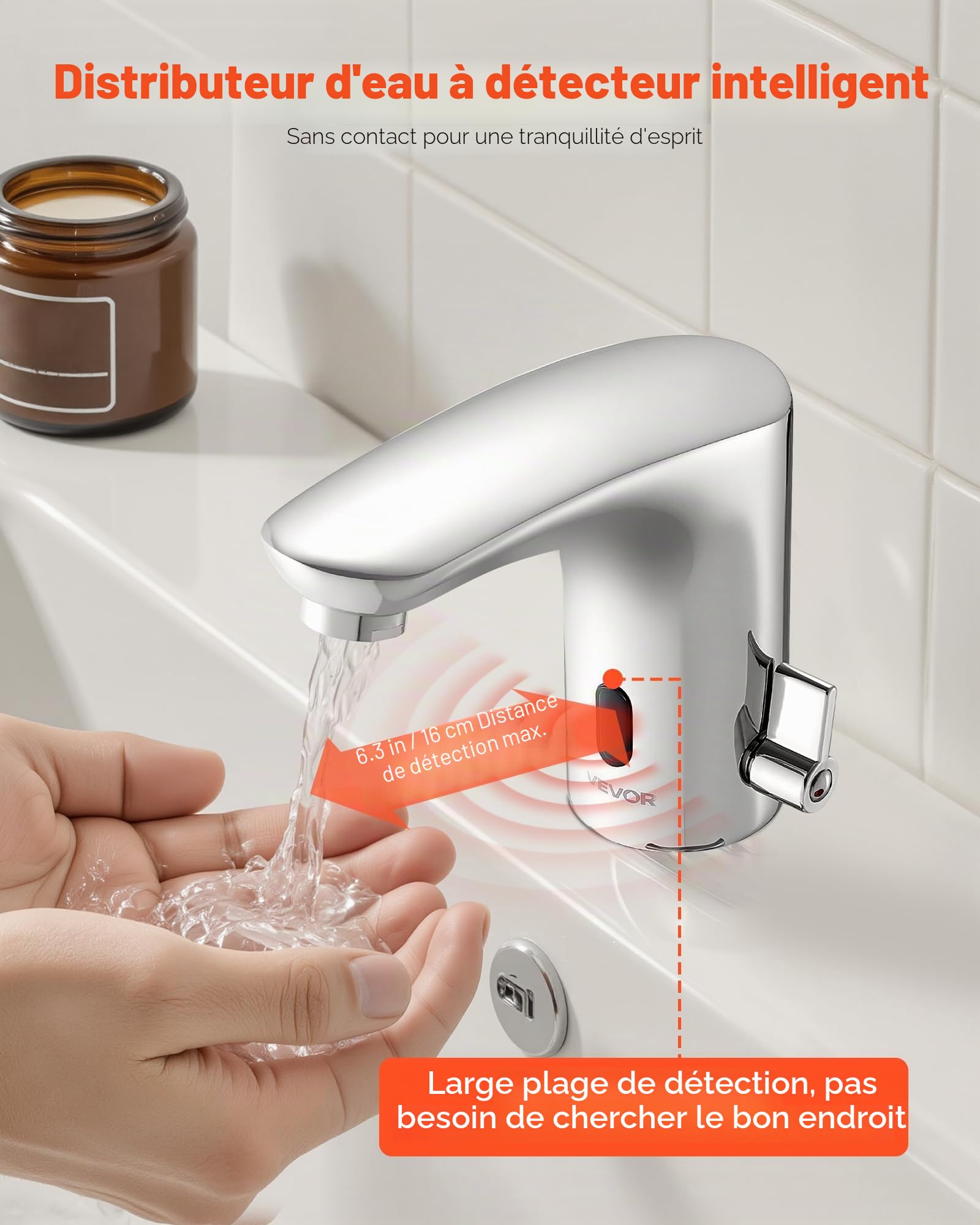VEVOR Mitigeur Automatique sans Contact, Robinet à Capteur de Lavabo, Mélangeur d’Eau Chaude et Froide Réglable Mains Libres, à Piles, pour Tuyau 9,5 mm, Bar Cuisine Salle de Bain, Chromé Argent