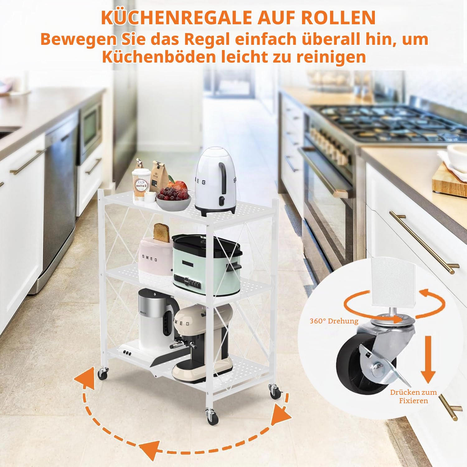 devesanter Klappbares Regal mit Rollen 3 Ebenen Klappbar Mobiles Küchenregal Stehend Lagerregal Keine Installation erforderlich für Küche Speisekammer Büro(Weiß)