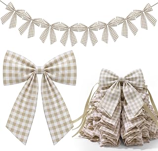 Flutesan 8 Ft Beige Gingham Bow Garland Fabric Banner Farmhouse Xmas Decor