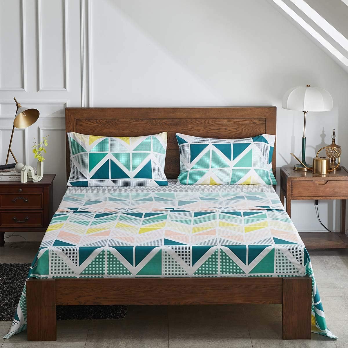 UOZZI BEDDING Bed in a Bag 6 Pieces Twin Size Yellow Green Triangles Print - Soft Microfiber Reversible Bed Comforter Set (1 Comforter 2 Pillow Shams 1 Flat Sheet 1 Fitted Sheet 1 Pillowcases)