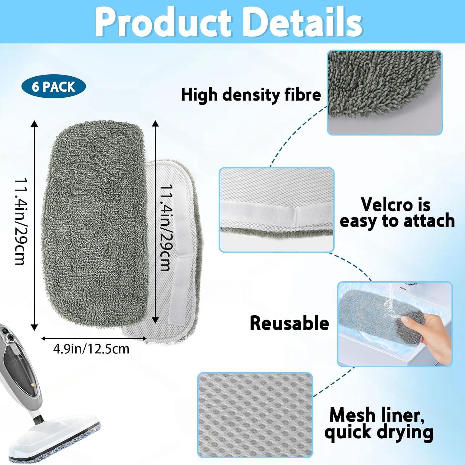 6-Pack Steam Mop Replacement Pads Compatible with GorFanty GF-6610B/GF-6610 | Ultra-Absorbent Microfiber Pads – Machine Washable, Reusable for Hardwood, Tile & All Floors