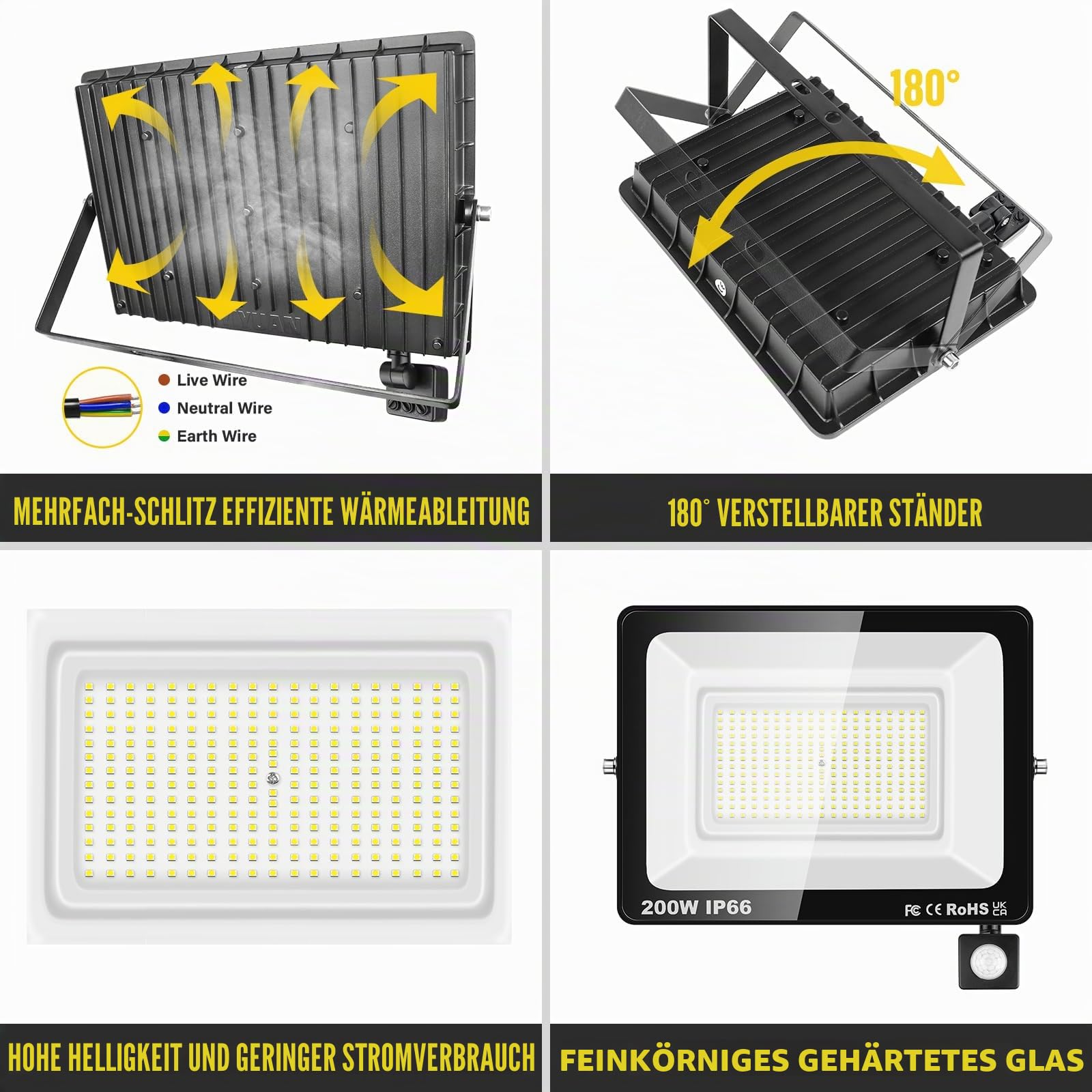 SKYWORLD 2 Pcs LED Strahler mit Bewegungsmelder, 200W 20000LM Außenstrahler | 6000K Kaltweiß Led Fluter Flutlicht Scheinwerfer Wasserdicht Außenleuchte für Garten Innenhöfe Garage Hotel Hof Hauswand