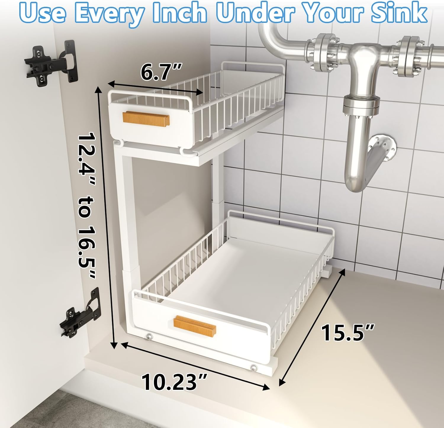 Under Sink Organizer Kitchen - Upgraded Professional Rails, 2 Tier Dual Pull Out Cabinet Storage, Height Adjustable Under Sink Storage, Metal Sliding Drawer for Kitchen & Bathroom, White, 2 Pack