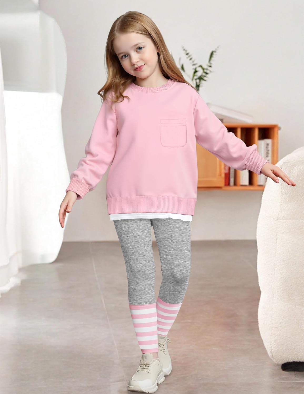 NAPU Little Girls Clothes 2Pcs Girls Outfits Pullover Sweatsuit Patchwork Striped Leggings Pants Set Fall Winter Clothes 2-8Y - Image 2