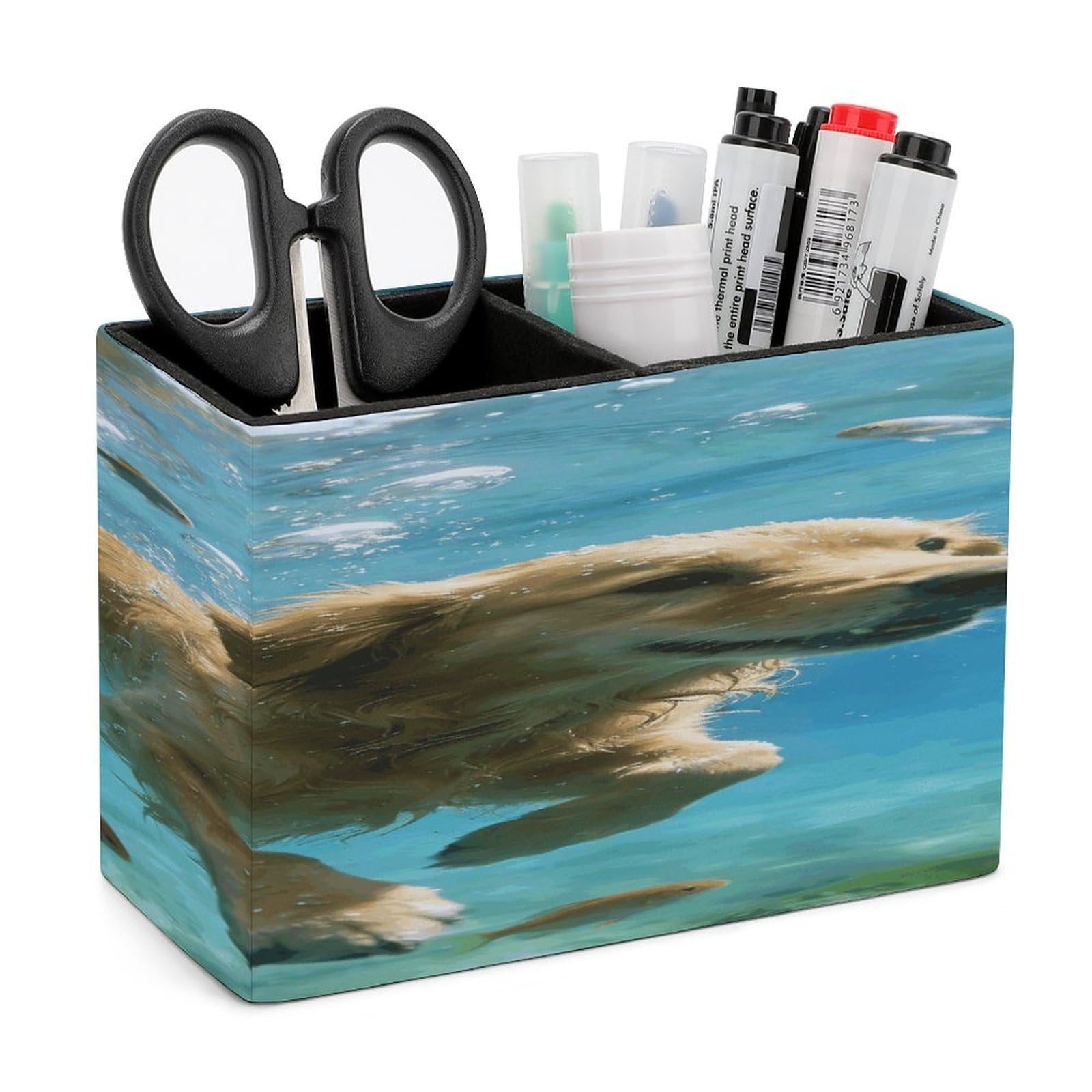 LZQPOEAS Underwater Dog Pen Holder Double Compartments Pen Cup Makeup Brush Holders Leather Pencil Holder Locker Organizer for Work Locker Accessories Modern Pencil Cup for Desk