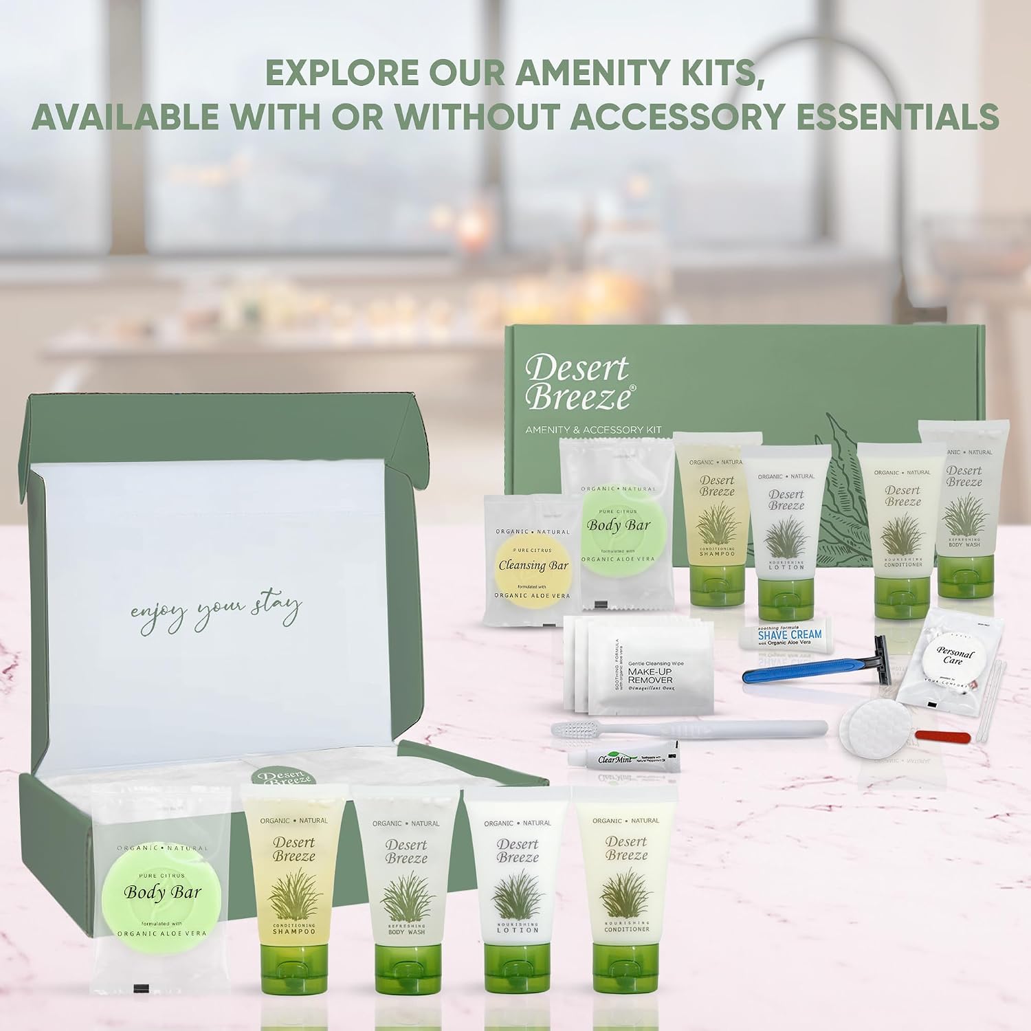Desert Breeze Amenity Kit | Boxed Hotel Toiletries Bulk Set | 1 oz Shampoo, Conditioner, Lotion, Body Wash & Body Bar Soap | 1 Set per Case
