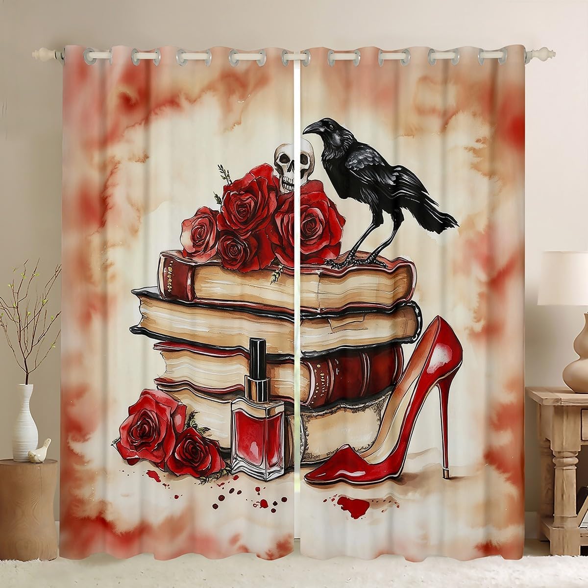 Castle Fairy Romantic Gothic Window Curtains Crow Magical Books Darkening Blackout Curtains Rose Red High Heels Window Treatments Ombre Tie Dye Grommet Top 2 Panel Set Drapes,38Wx45L