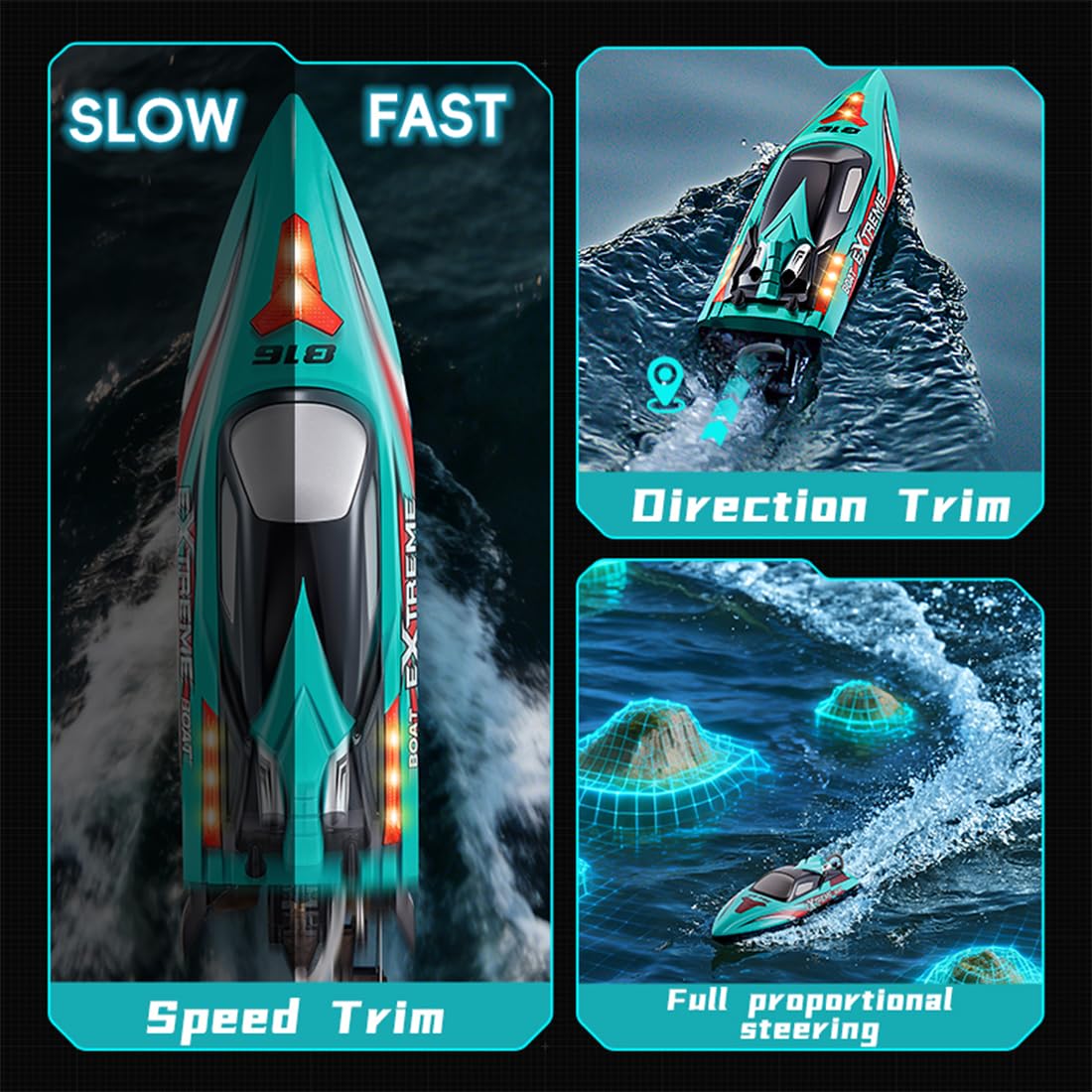 Ferngesteuertes Boot mit LED-Licht, 55KM/H Bürstenloser schneller RC Speedboot mit doppelt wasserdichtem Design, EIN-Tasten-Kenterungsrettung und Alarm bei niedrigem Batteriestand
