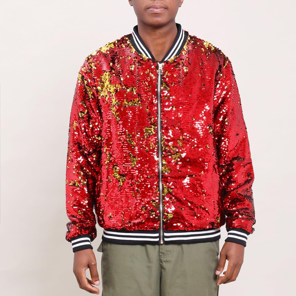 YIYI Mens Jacket Sequin Males Bomber Flip Sparkly Striped Varsity Glitter Party Outwear Coat Birthday Holiday Clothes - Image 2