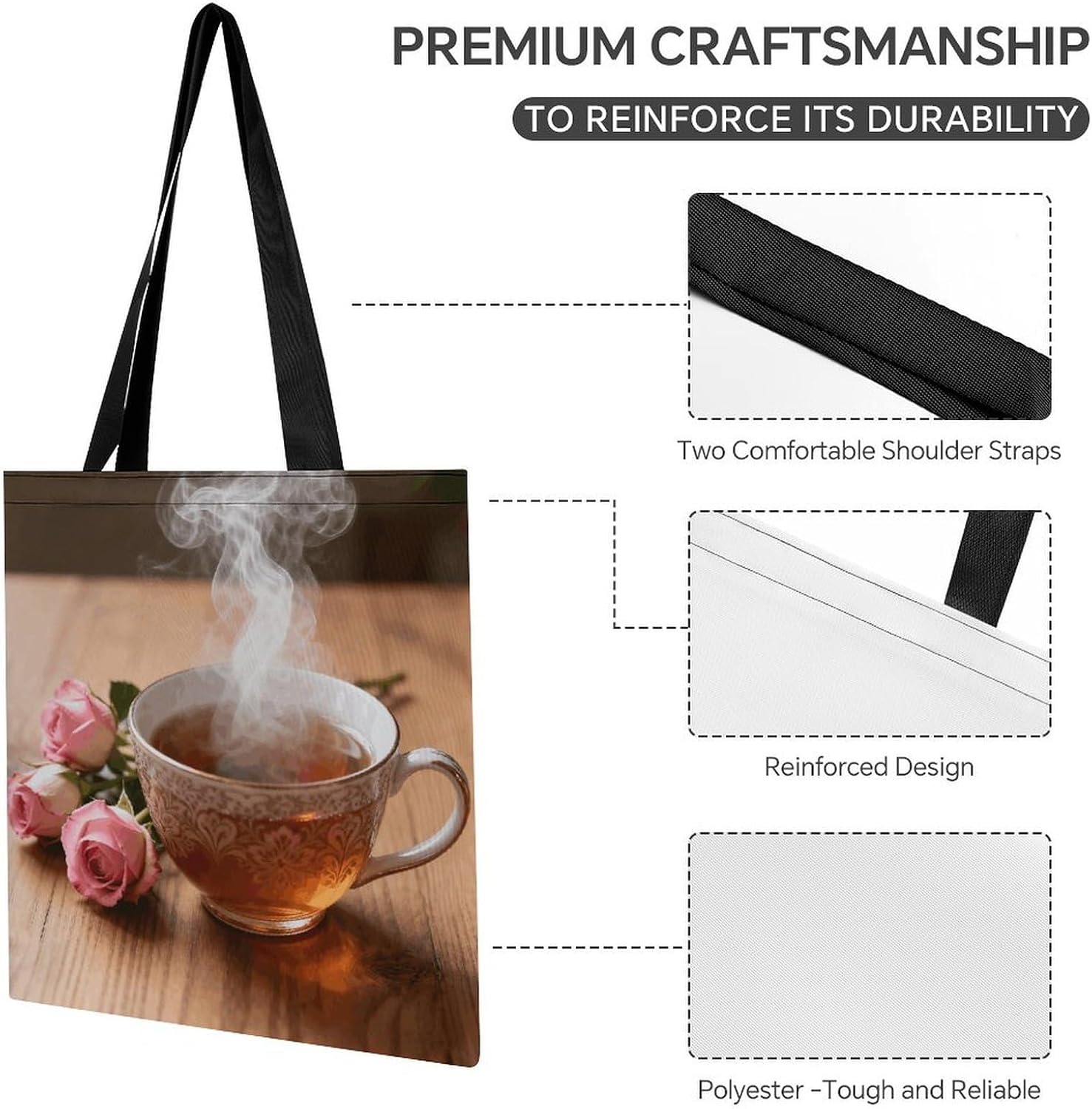 Tea with Roses Reusable Tote Bag Casual Handbag image 5